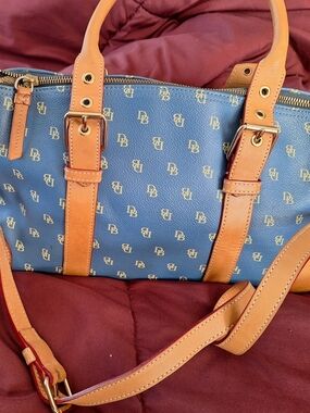 Dooney & Bourke Blue Coated Canvas Satchel with Tan Leather Trim